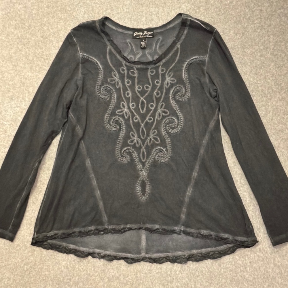 VTG Y2K Gretty Zueger Black Soutache Embroidered Long Sleeve Lace Trim Top L